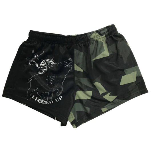 Kids Footy Shorts- GREEN CAMO LUGGED UP