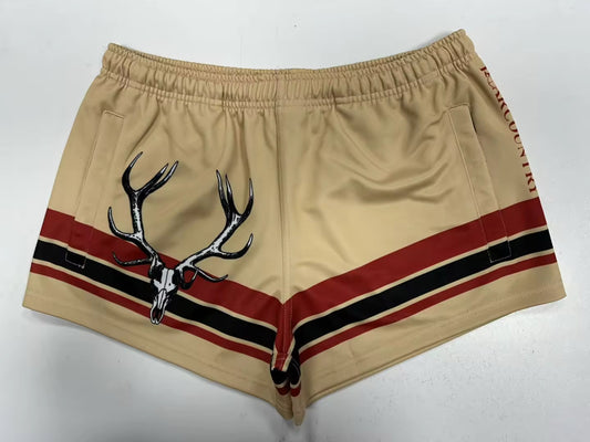 Footy Shorts- TAN, BLACK & RED DEER SKULL