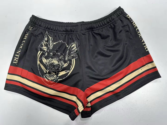 Footy Shorts-BLACK, RED & TAN BOAR