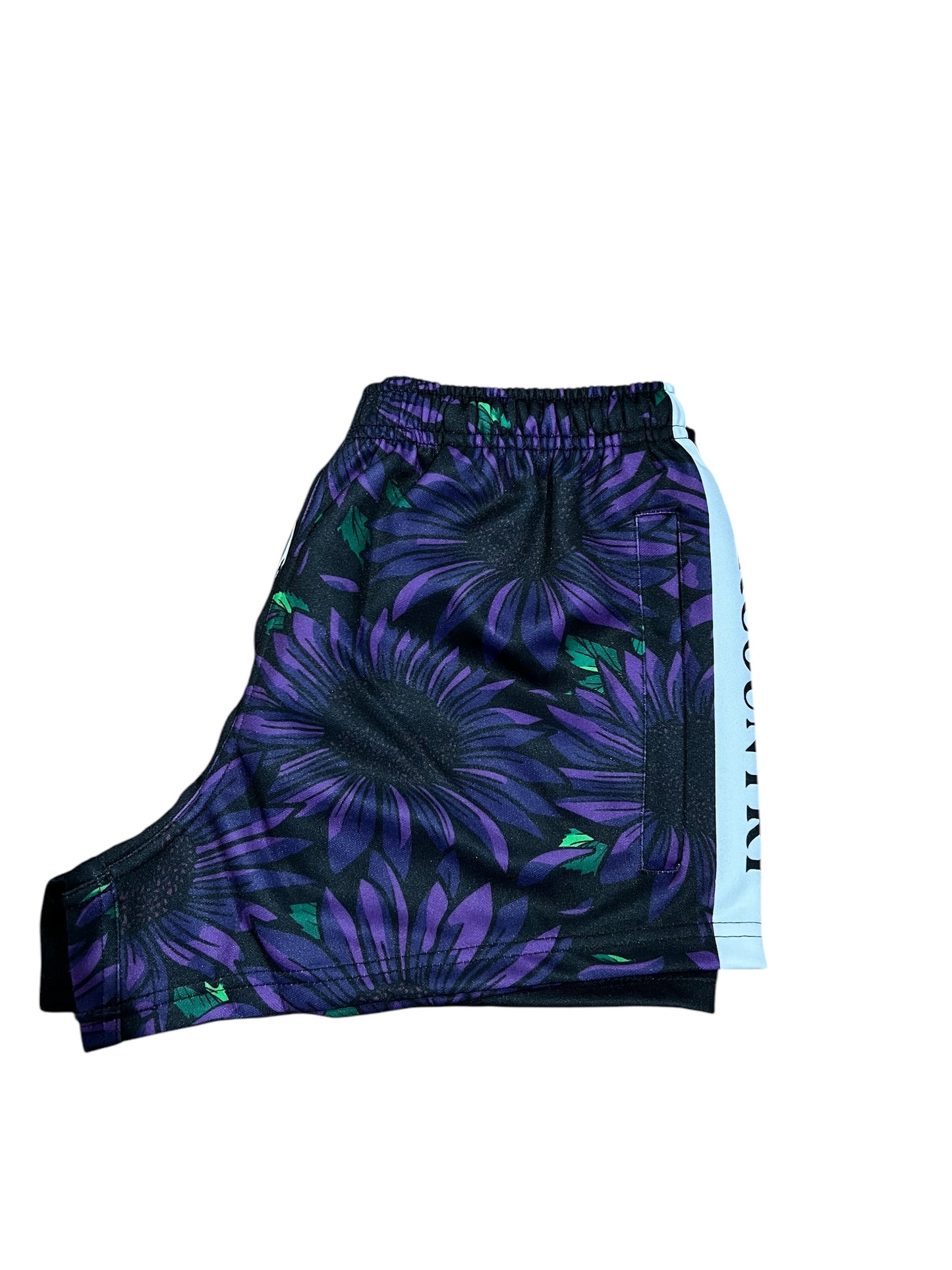Footy Shorts- PURPLE SUNFLOWER RACK