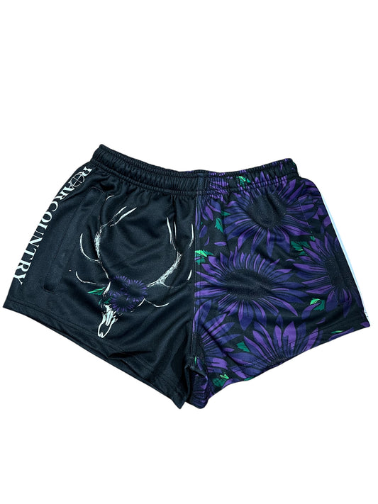 Footy Shorts- PURPLE SUNFLOWER RACK