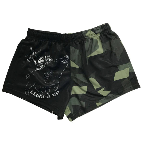 Kids Footy Shorts- GREEN CAMO LUGGED UP